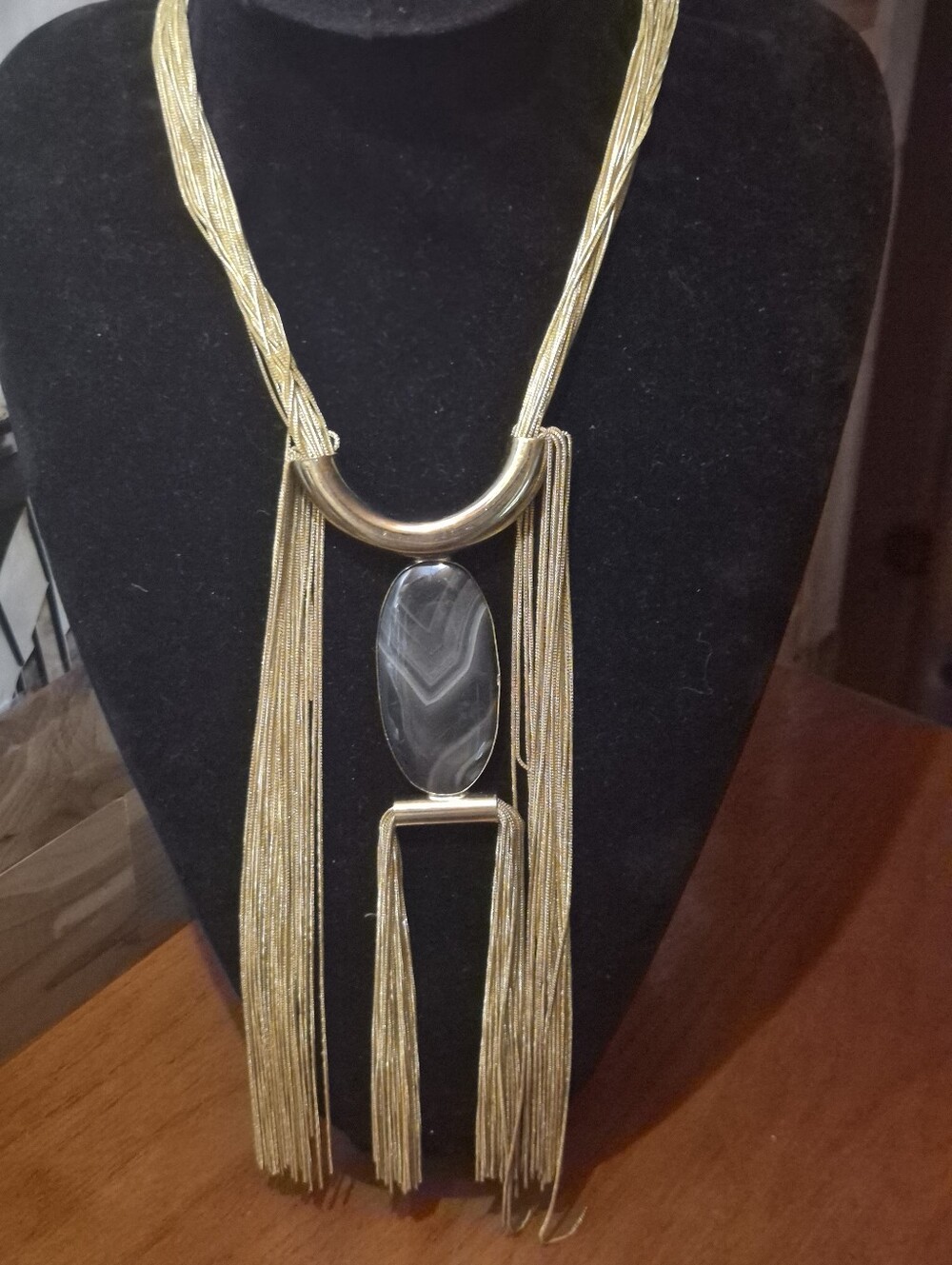 STUNNING!! Vintage Gold Fringe Statement Necklace with Black Stone Pendant